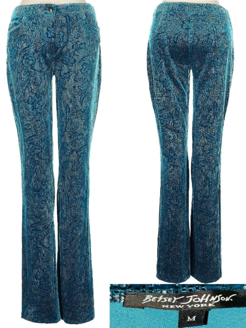 Vintage Betsey Johnson New York Y2K Teal Floral Lace Velvet Pants Stretch Jeans